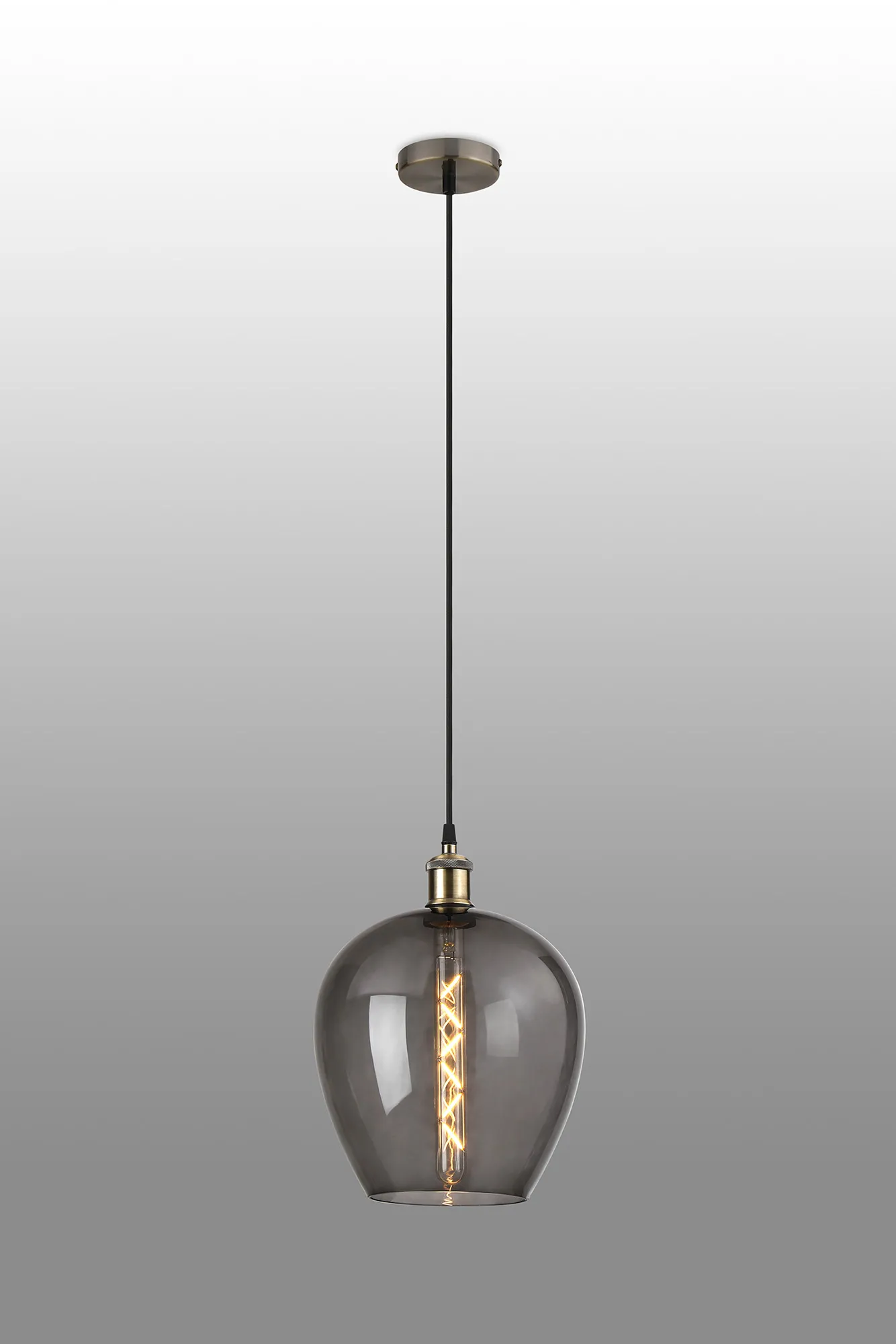 Cawdor Single Pendant, 1 Light E27, Antique Brass/Black/Smoke Wine Glass DK1107  Deco Cawdor